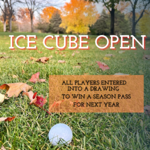 photo of golf ball on the grass in the fall with the words Ice Cube Open